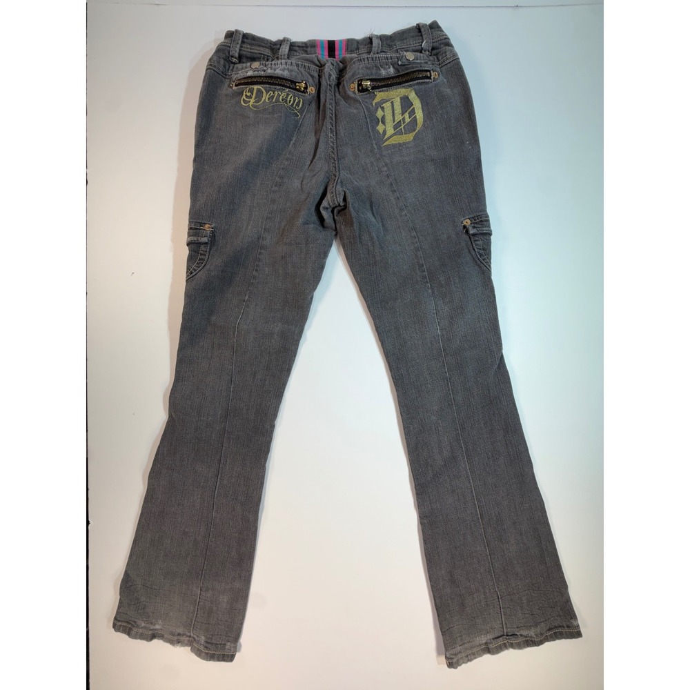 Dereon Womens Grey Wash Cargo Flare Jeans Y2K Gold Embroidery Size 9/10